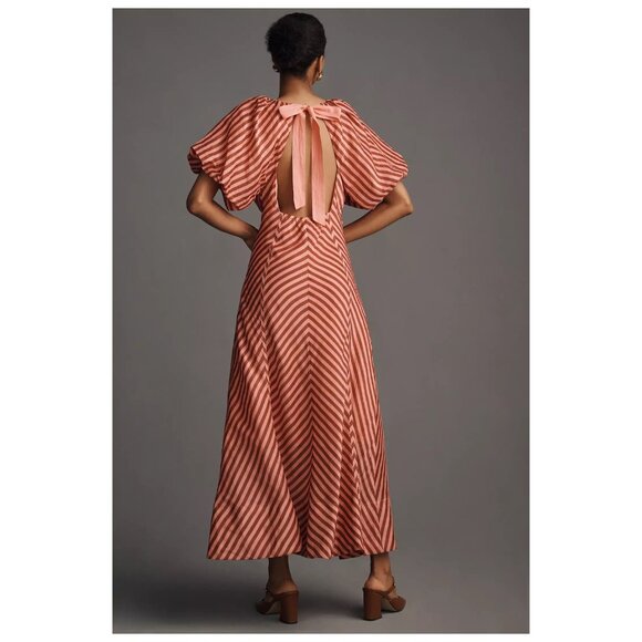 Lovaan | Tess Puff-Sleeve Linen-SIlk Midi Dress | NWT - Picture 2 of 8